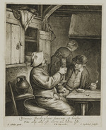 Zwei Bauern an einem Tisch, Frau von hinten