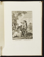 Ein stehender Flötenspieler, rechts daneben sitzend zwei Damen und ein Herr