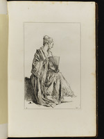 Sitzende junge Frau mit Fächer im Profil nach rechts