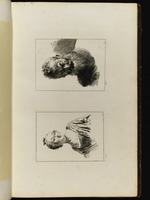 Oben: Kopf eines alten bärtigen Mannes; unten: Büste einer jungen Frau mit Perlenkette