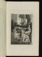 Bewaffneter Mann und nackte Frau in einer Landschaft